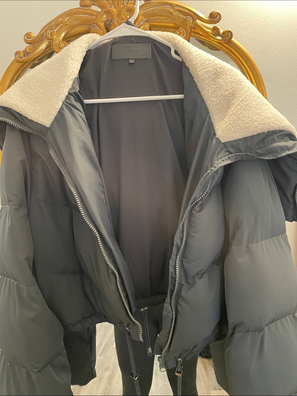 Blank NYC Gray Puffer Jacket with Cream Sherpa Collar